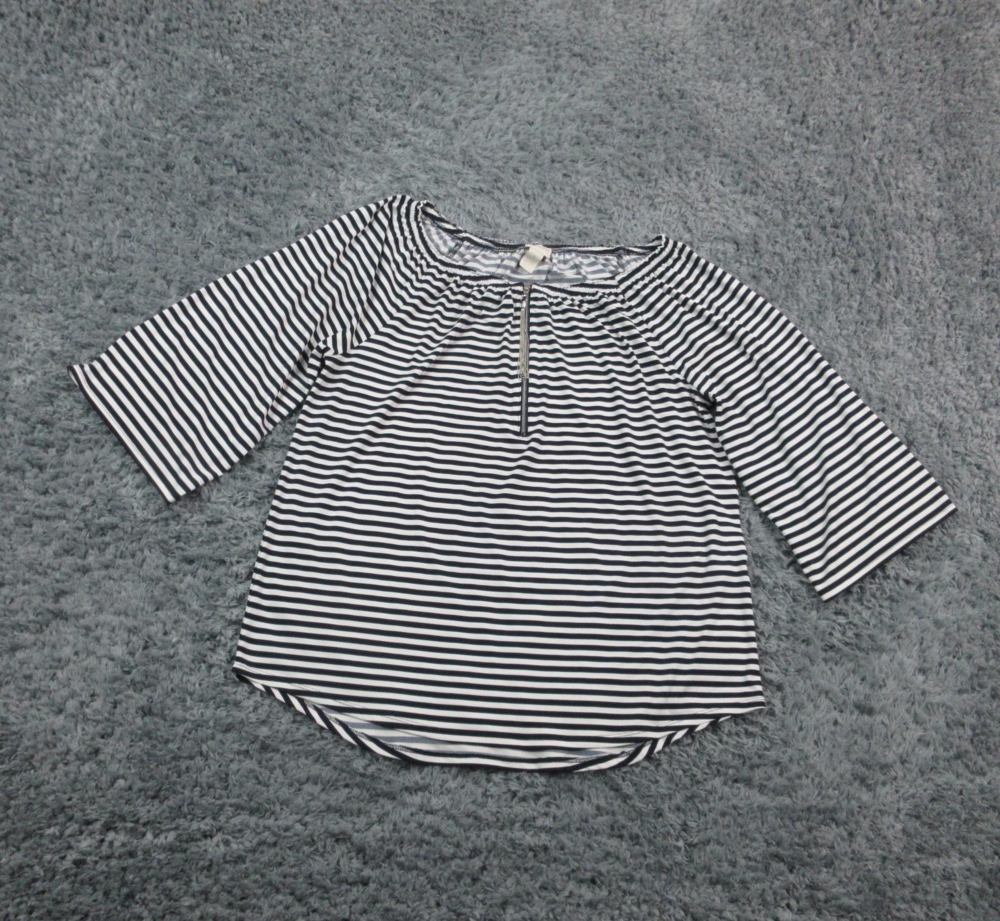 Chicos Shirt Womens Size 1 Medium Black White Striped 3/4 Sleeve Zip Neck Top